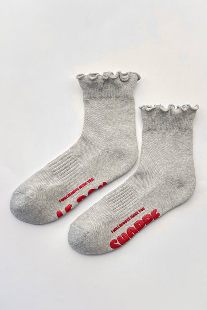 Ruffled Hugger Crew Socks in GREY / RED