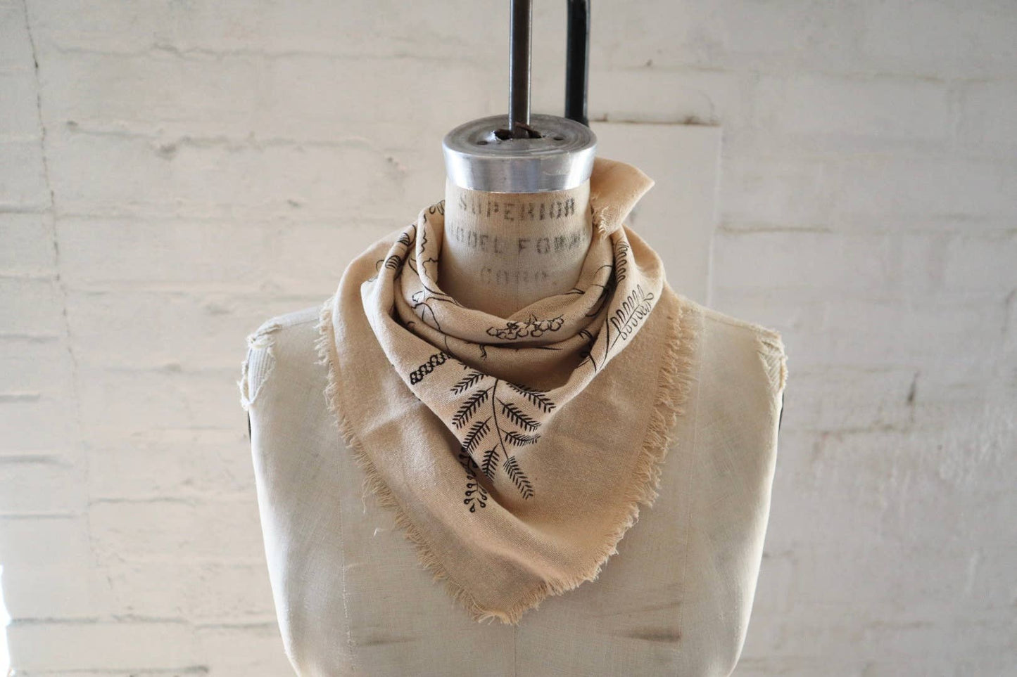 Oatmeal Botanical Print Naturally Raw Silk Bandana-black ink