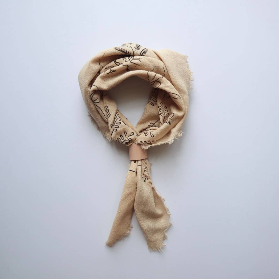 Oatmeal Botanical Print Naturally Raw Silk Bandana-black ink